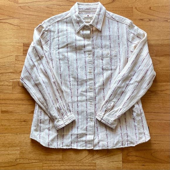 Vtg Woolrich Women’s Cream Burgundy/Red Tan Striped Cotton Button-Up Shirt Sz L - Picture 13 of 15